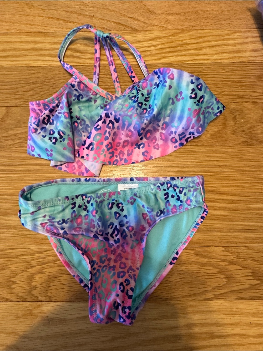 Wonder Nation Mint Bikini Top with Multicolor Leopard Trim